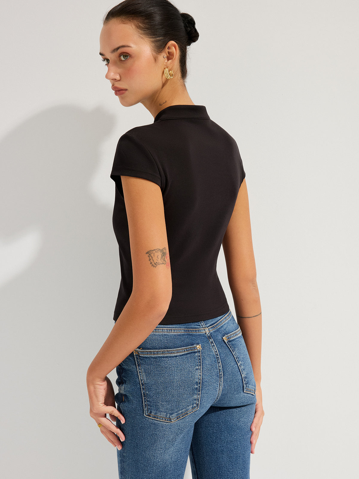 Mandarin Collar Keyhole Short Sleeve Top Women Fashion Trend 2023