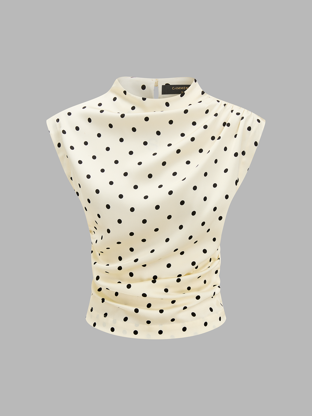 Polka Dot Sleeveless Ruched Blouse with Tie-Back Detail