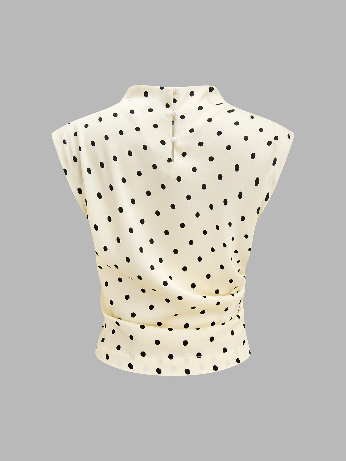 Polka Dot Sleeveless Ruched Blouse with Tie-Back Detail