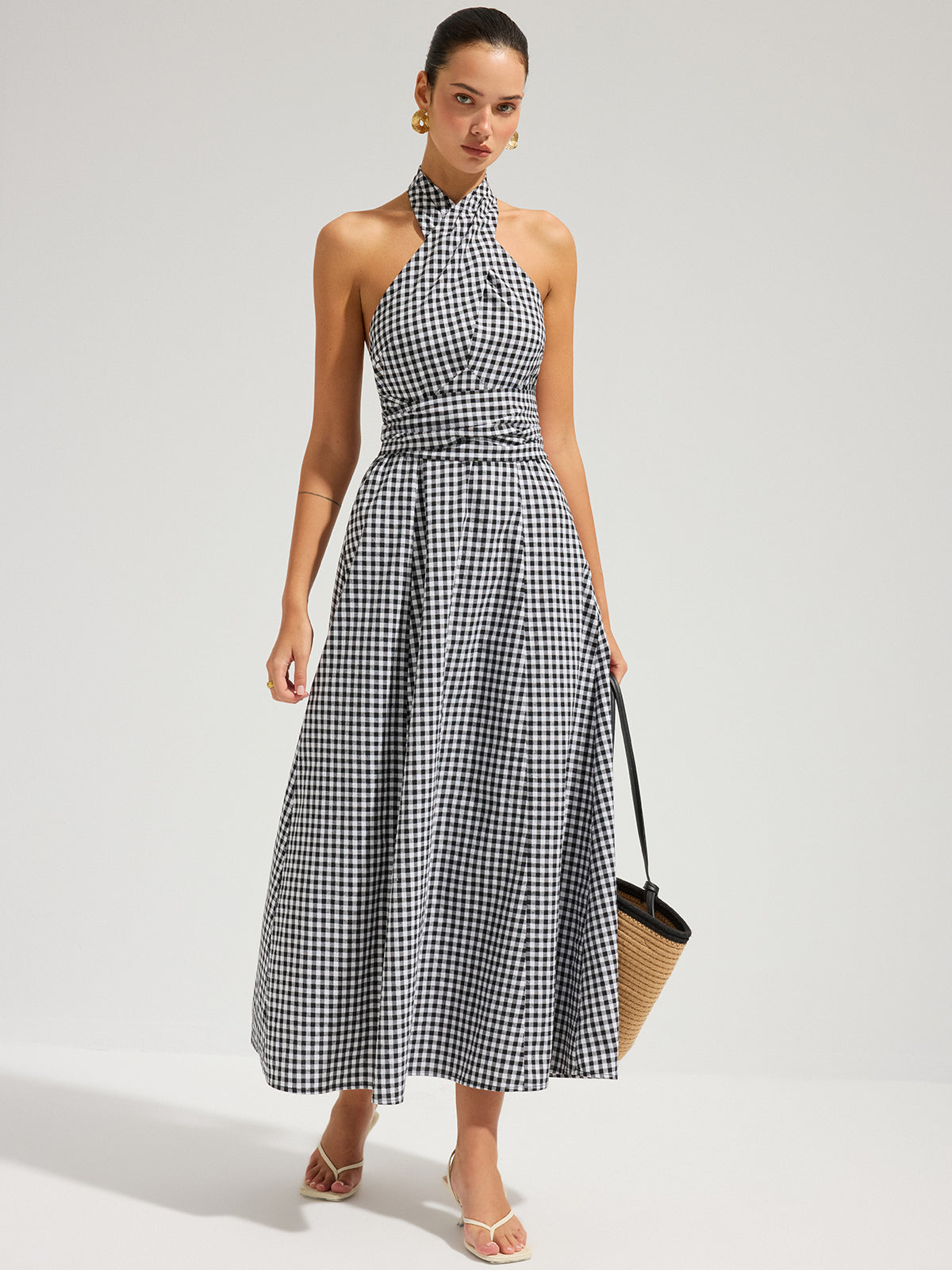Gingham Halter Cotton Maxi Dress - Women's Lightweight Summer Outfit