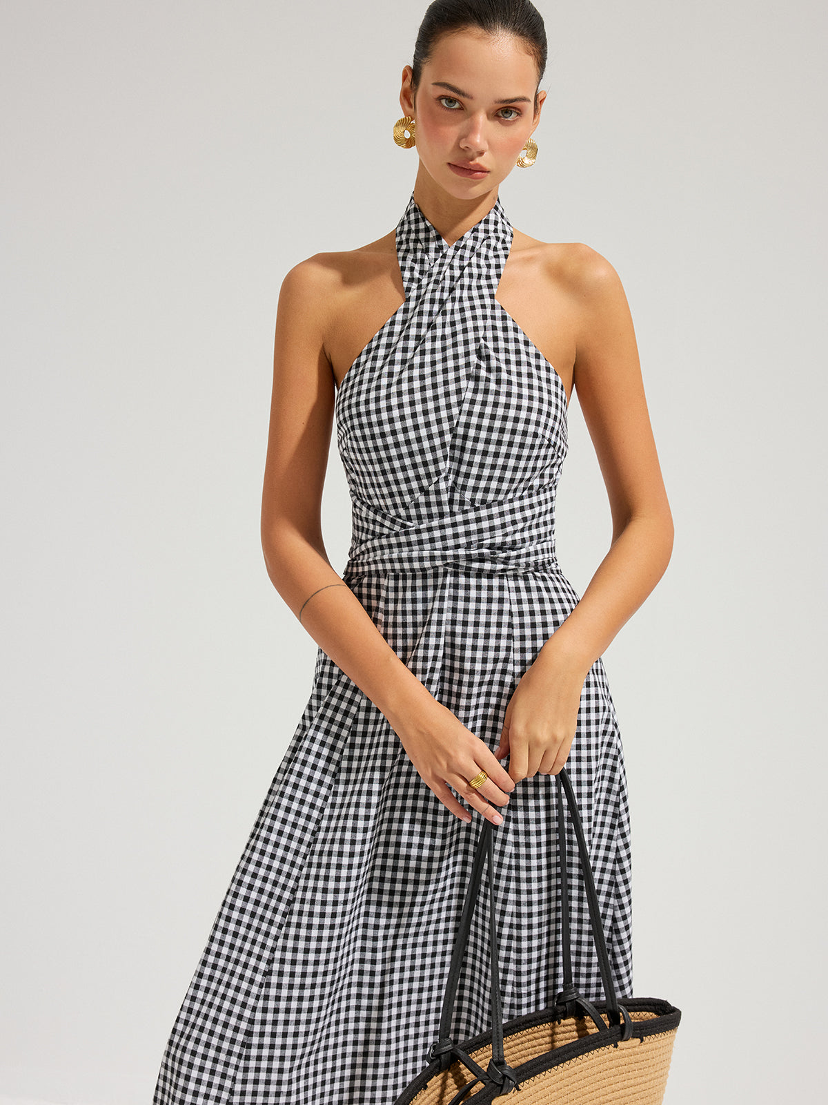 Gingham Halter Cotton Maxi Dress - Women's Lightweight Summer Outfit