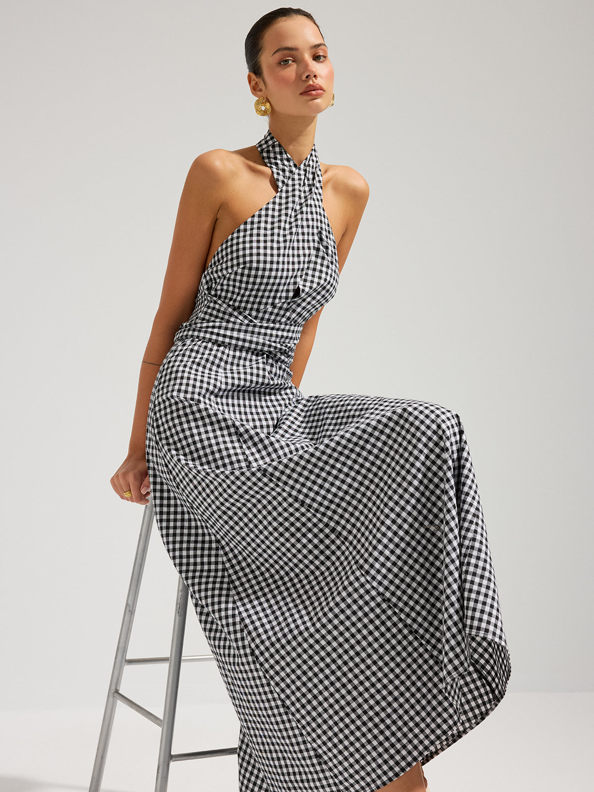 Gingham Halter Cotton Maxi Dress - Women's Lightweight Summer Outfit