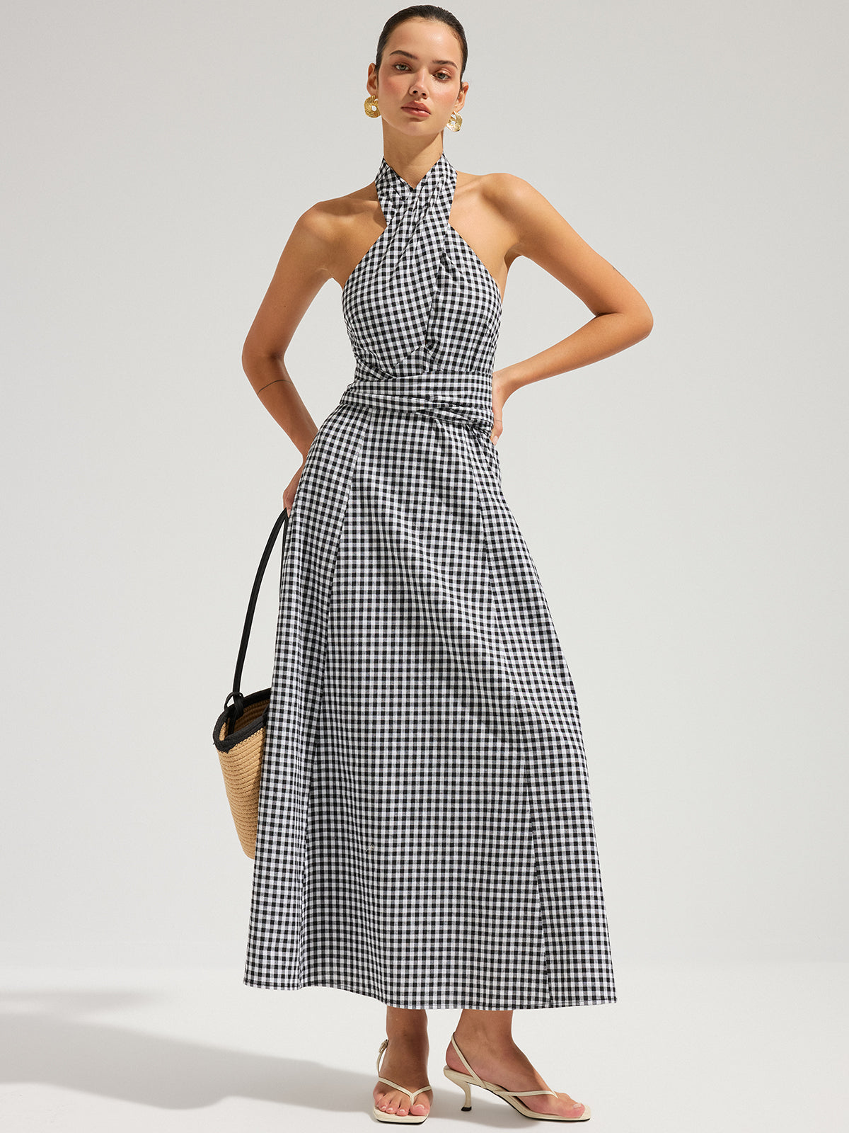 Gingham Halter Cotton Maxi Dress - Women's Lightweight Summer Outfit