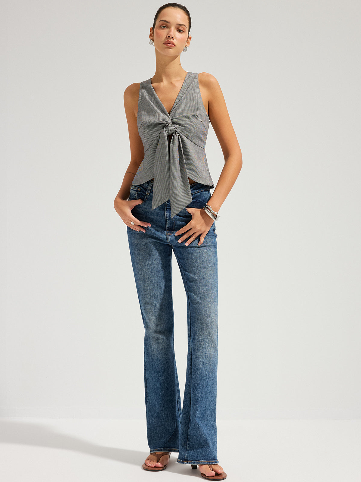 Houndstooth Sleeveless Knot-Front Top for Women