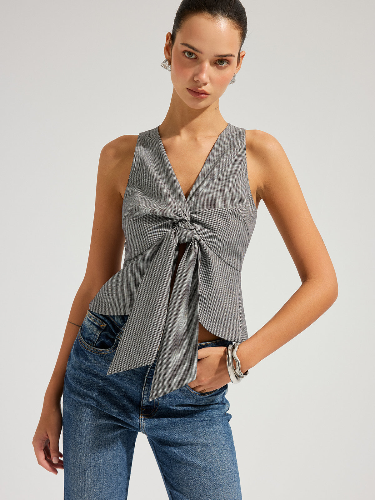 Houndstooth Sleeveless Knot-Front Top for Women