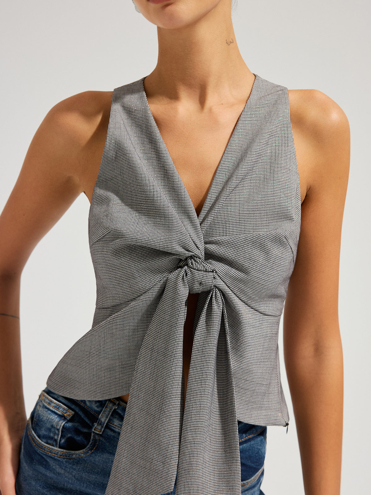 Houndstooth Sleeveless Knot-Front Top for Women