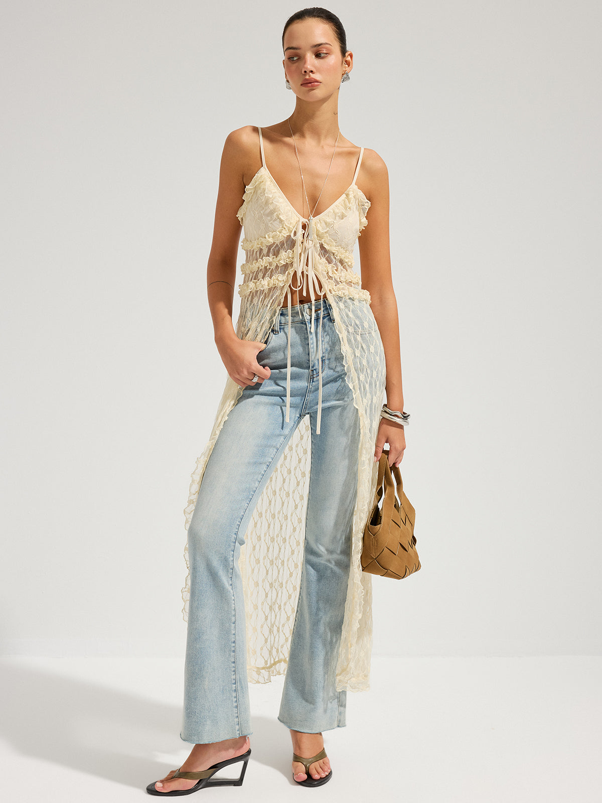 Ruffle Lace Sheer Cami Midi Dress with Adjustable Straps for Women