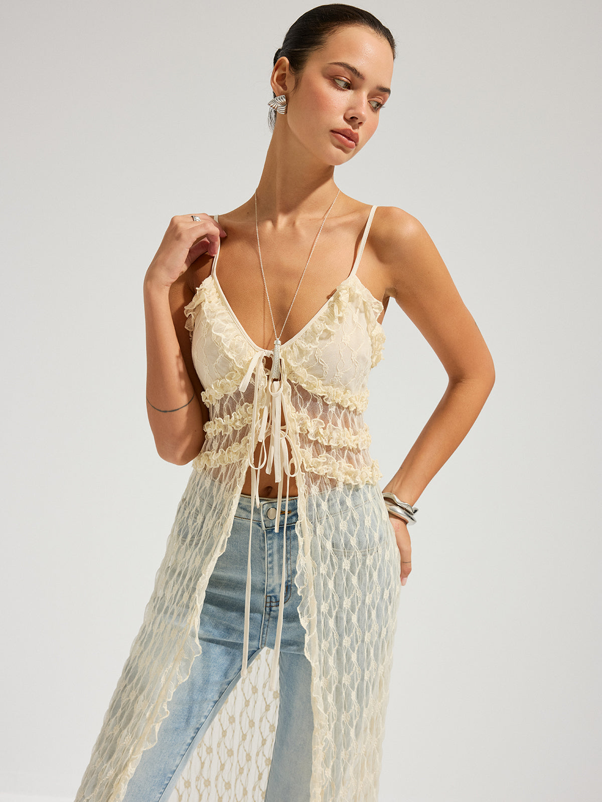 Ruffle Lace Sheer Cami Midi Dress with Adjustable Straps for Women