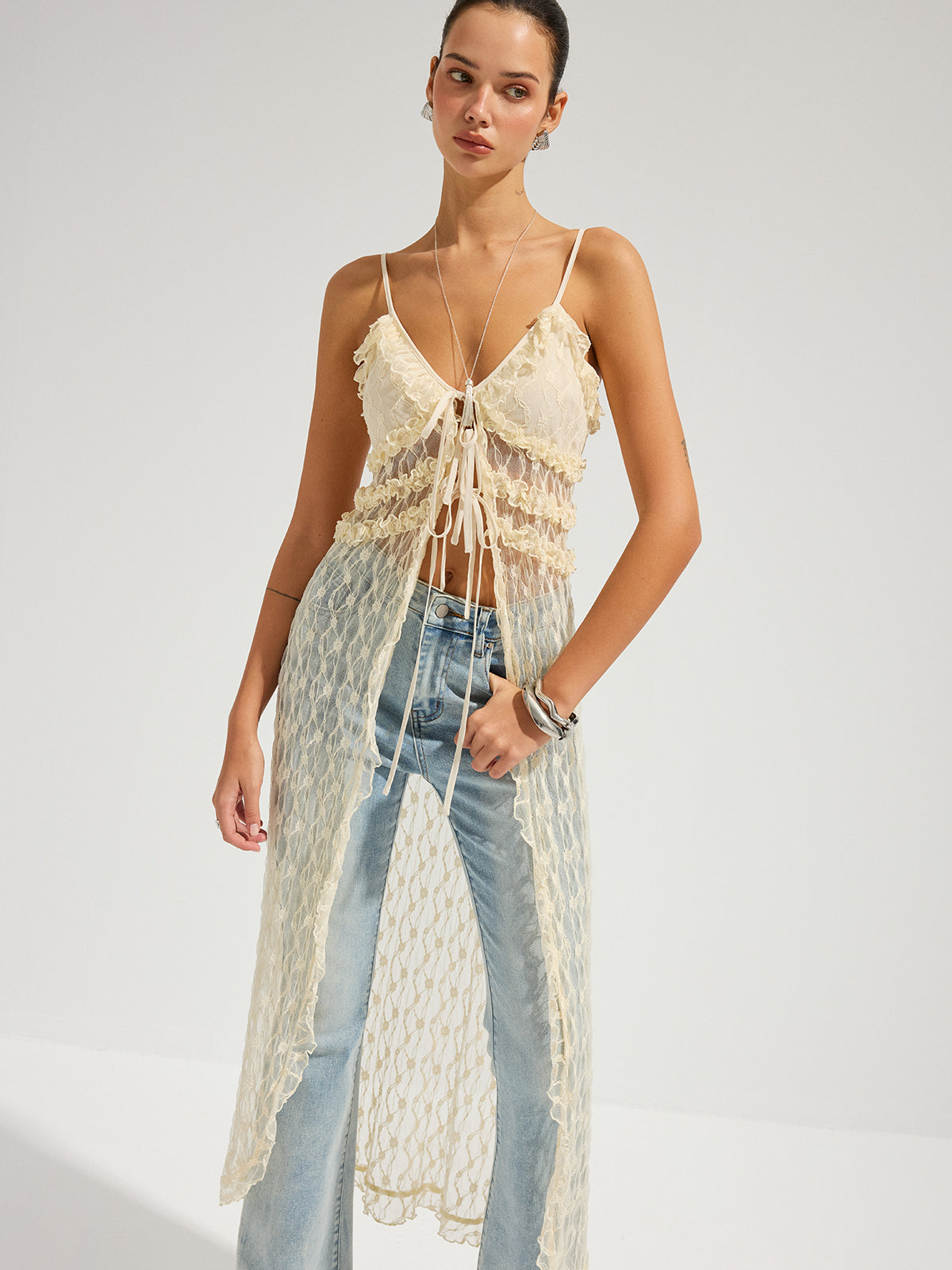 Ruffle Lace Sheer Cami Midi Dress with Adjustable Straps for Women