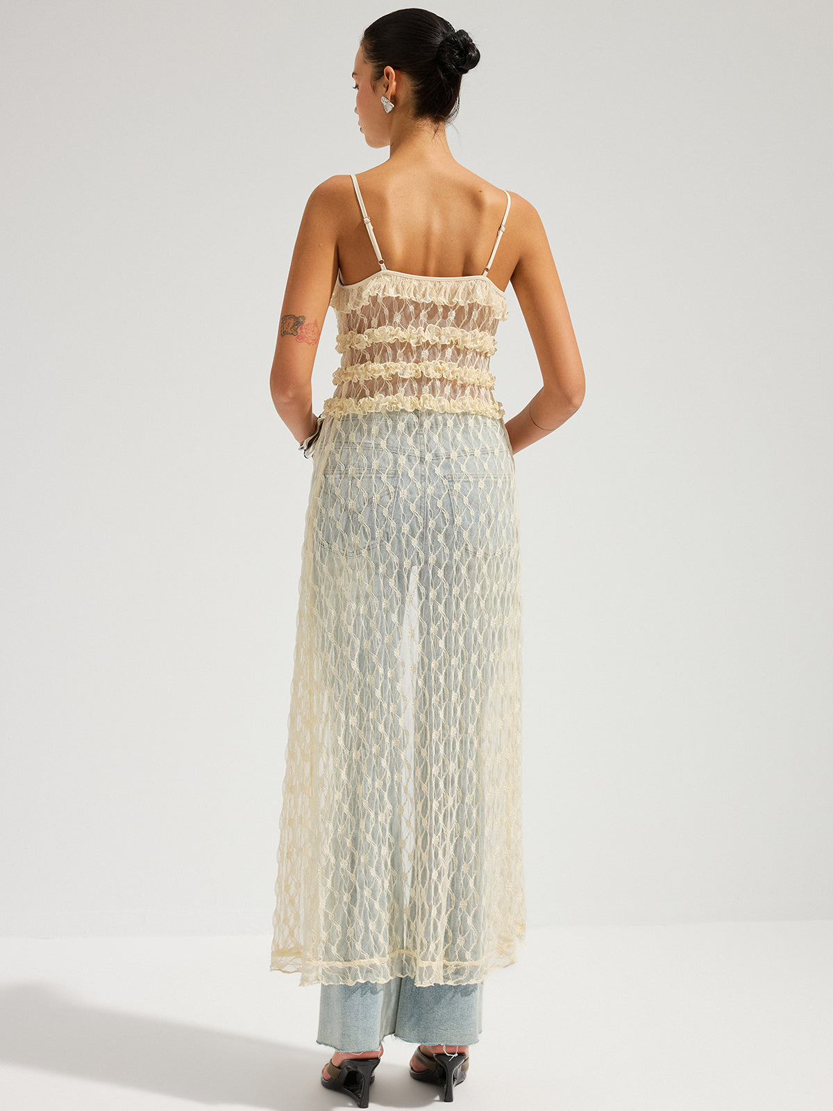 Ruffle Lace Sheer Cami Midi Dress with Adjustable Straps for Women