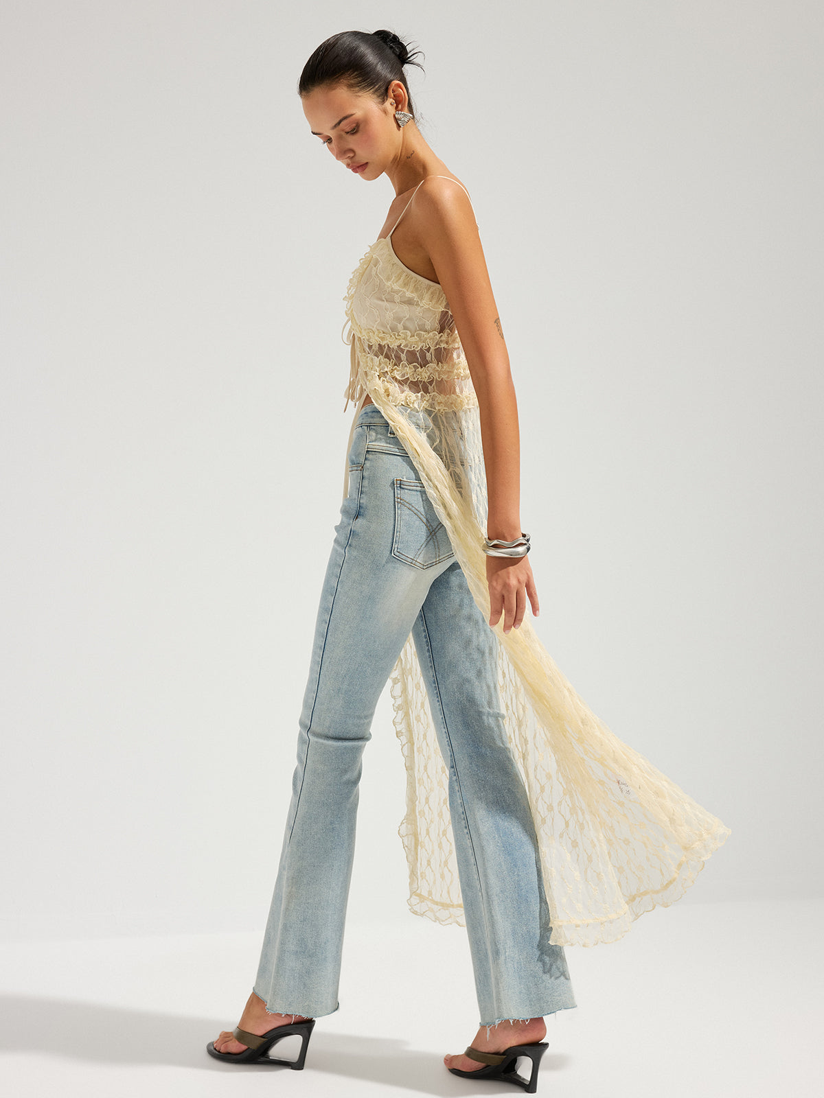 Ruffle Lace Sheer Cami Midi Dress with Adjustable Straps for Women