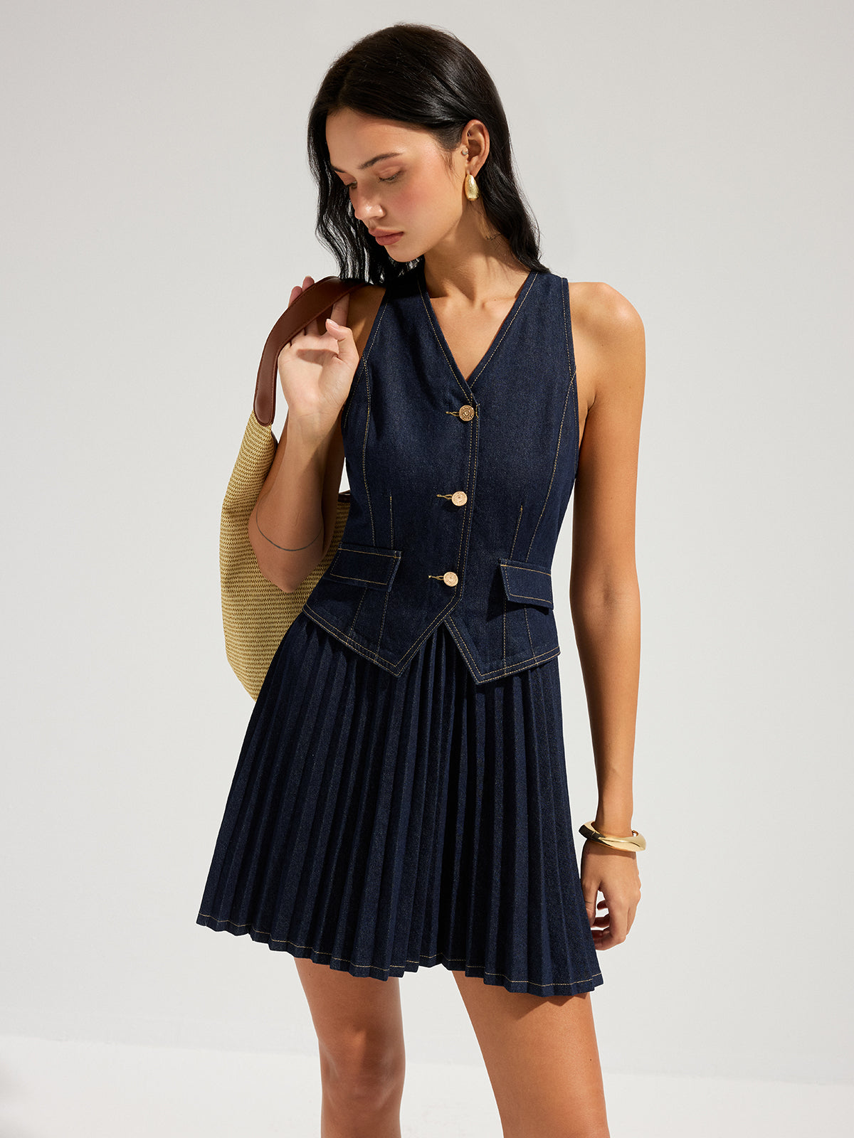 Denim Sleeveless Pleated Mini Dress for Women Summer Casual