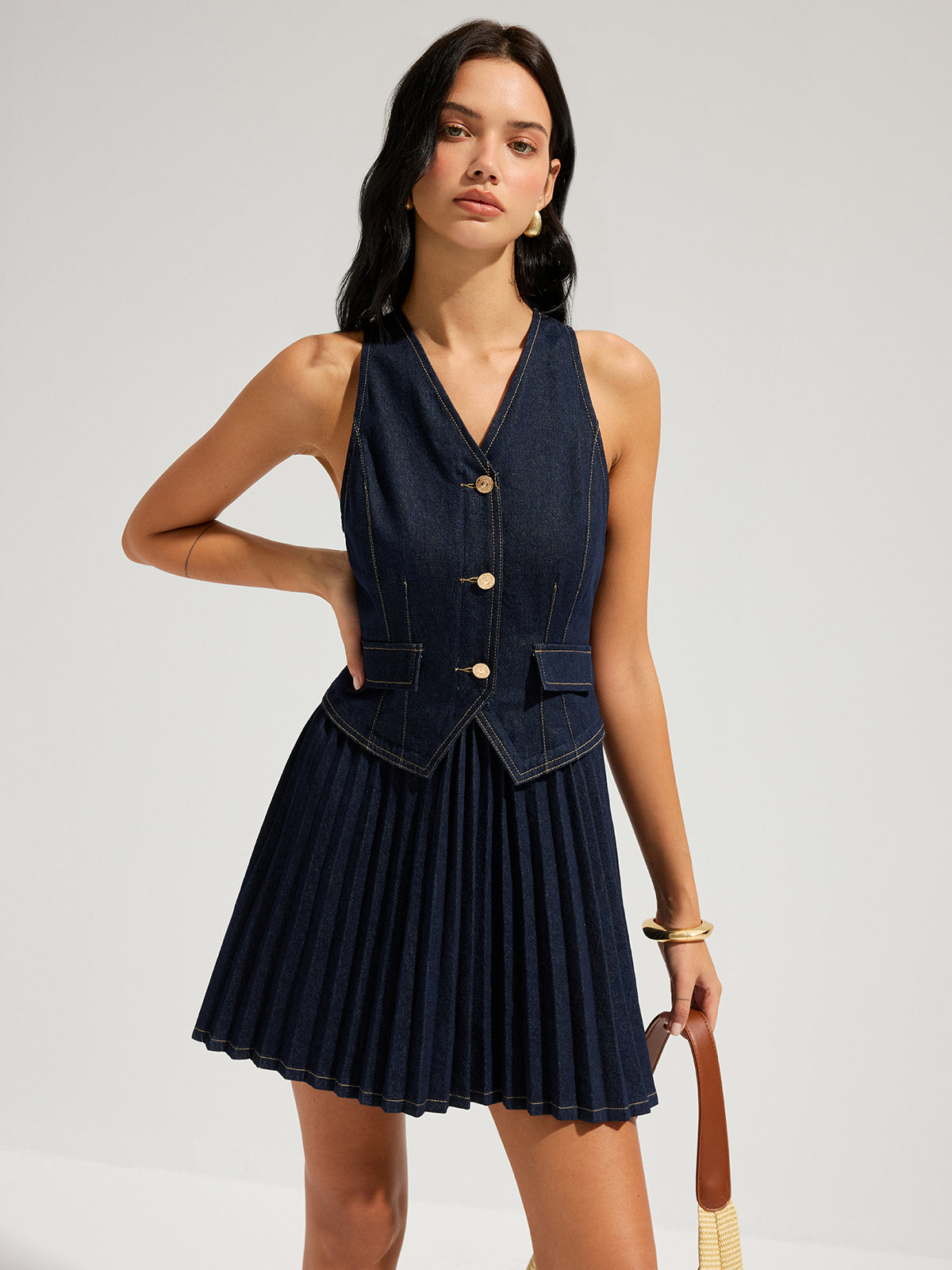 Denim Sleeveless Pleated Mini Dress for Women Summer Casual