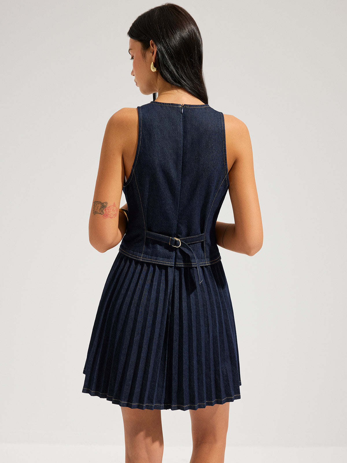 Denim Sleeveless Pleated Mini Dress for Women Summer Casual