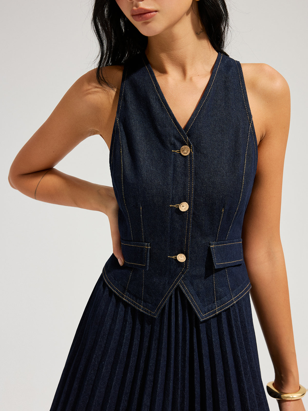 Denim Sleeveless Pleated Mini Dress for Women Summer Casual