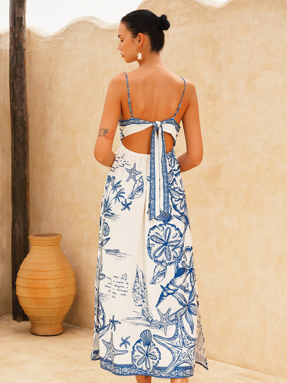 Starfish Print Side Slit Cami Maxi Dress for Women Summer Beachwear