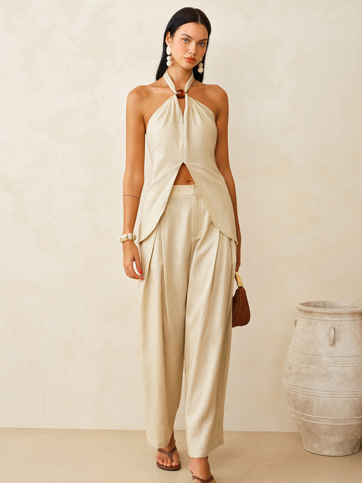 Linen-Blend Halter Top & Pants Set for Stylish Summer Wear