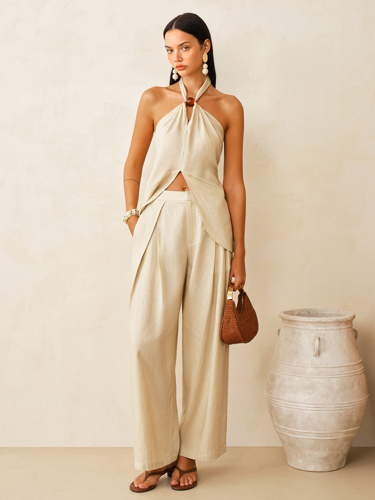 Linen-Blend Halter Top & Pants Set for Stylish Summer Wear