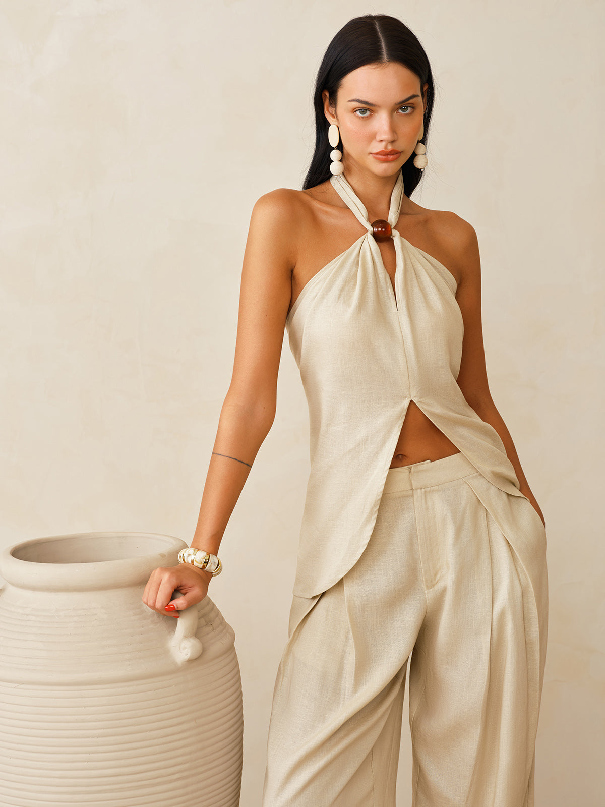 Linen-Blend Halter Top & Pants Set for Stylish Summer Wear