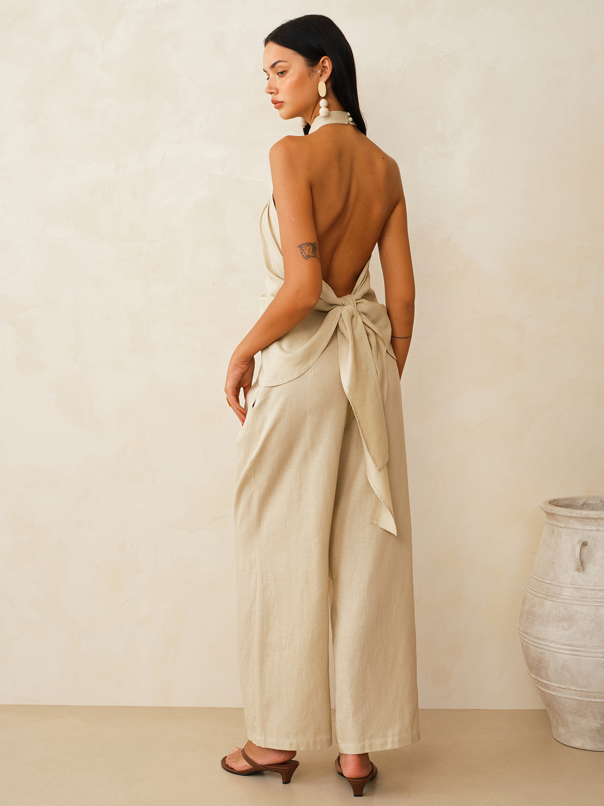 Linen-Blend Halter Top & Pants Set for Stylish Summer Wear