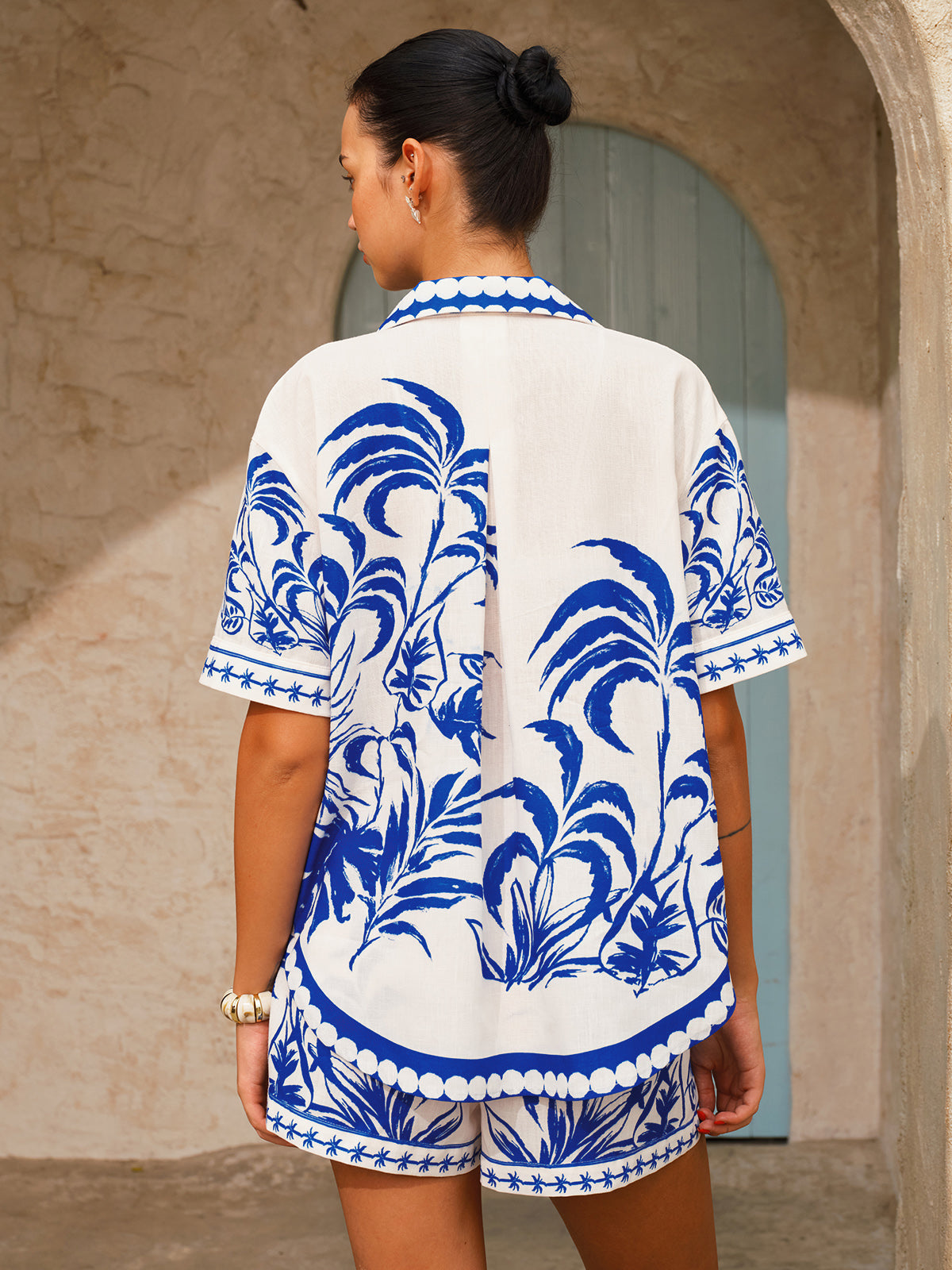 Palm Tree Print Shirt & Drawstring Shorts Set for Summer Beachwear