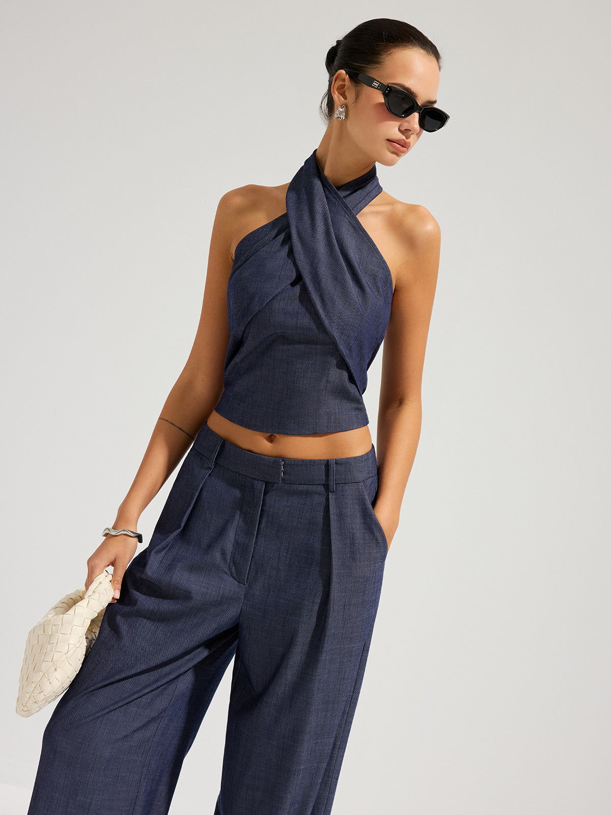 Denim Halter Neck Crop Top & Pants Set for Women's Casual Wear