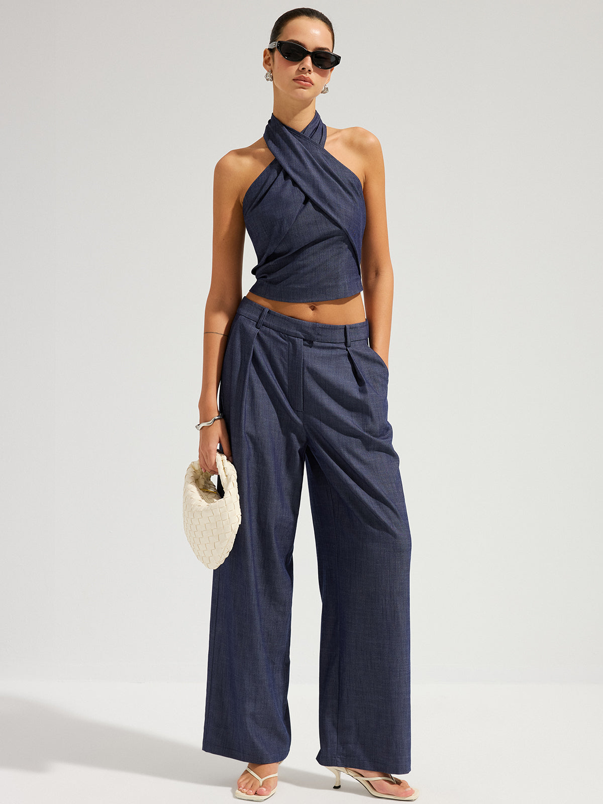 Denim Halter Neck Crop Top & Pants Set for Women's Casual Wear