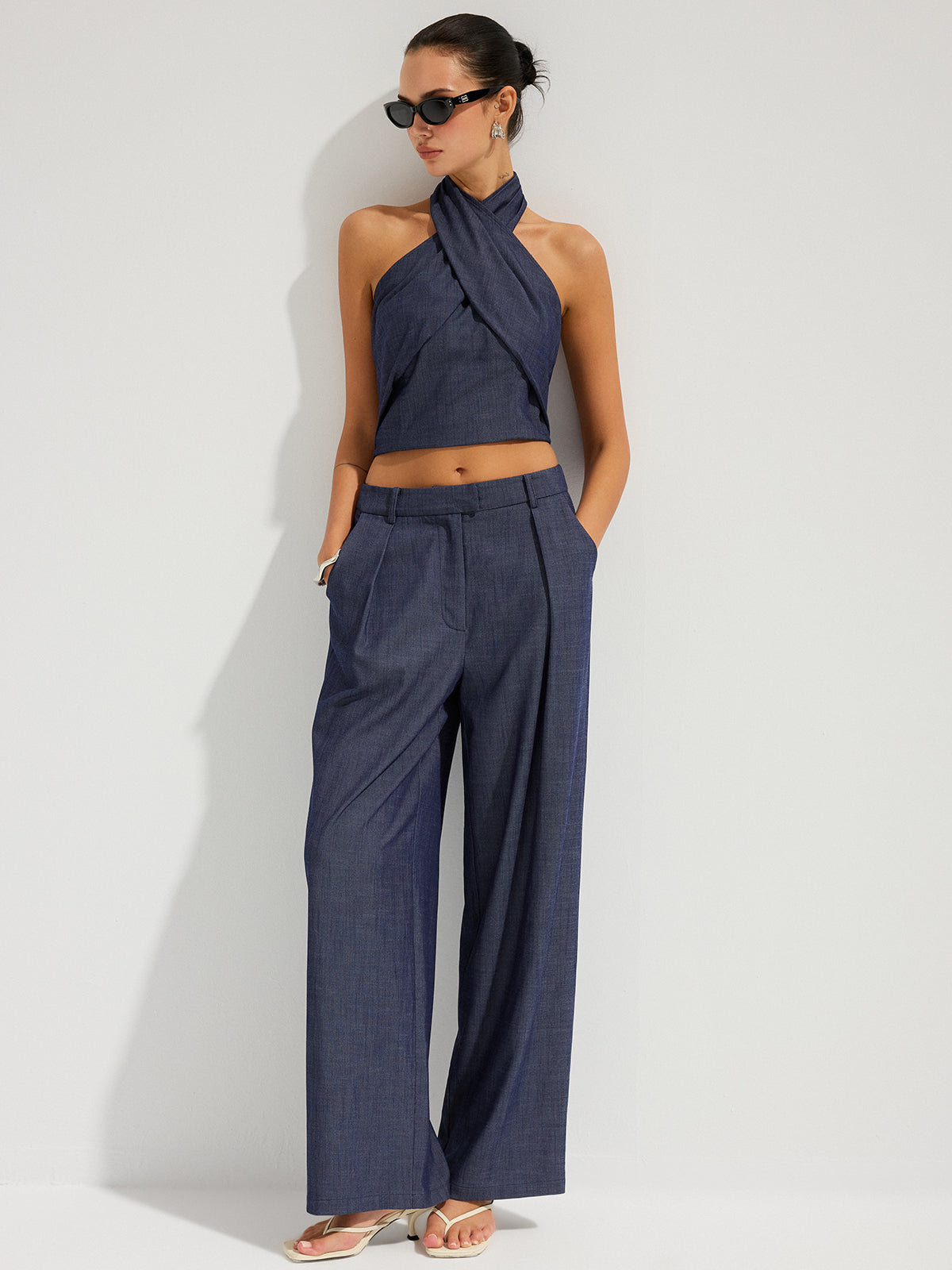 Denim Halter Neck Crop Top & Pants Set for Women's Casual Wear