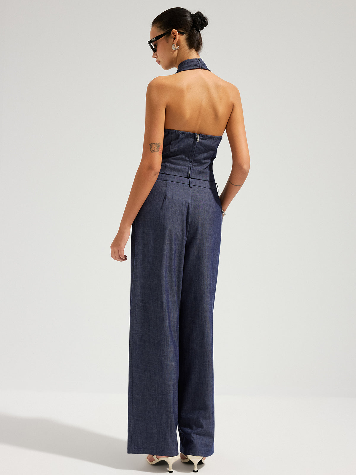 Denim Halter Neck Crop Top & Pants Set for Women's Casual Wear