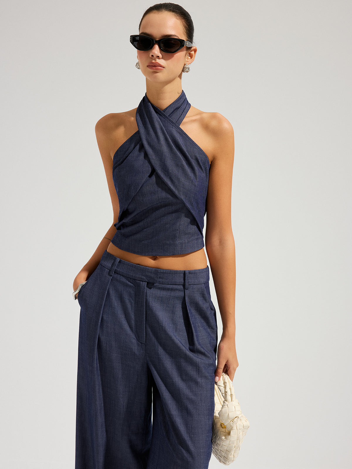 Denim Halter Neck Crop Top & Pants Set for Women's Casual Wear