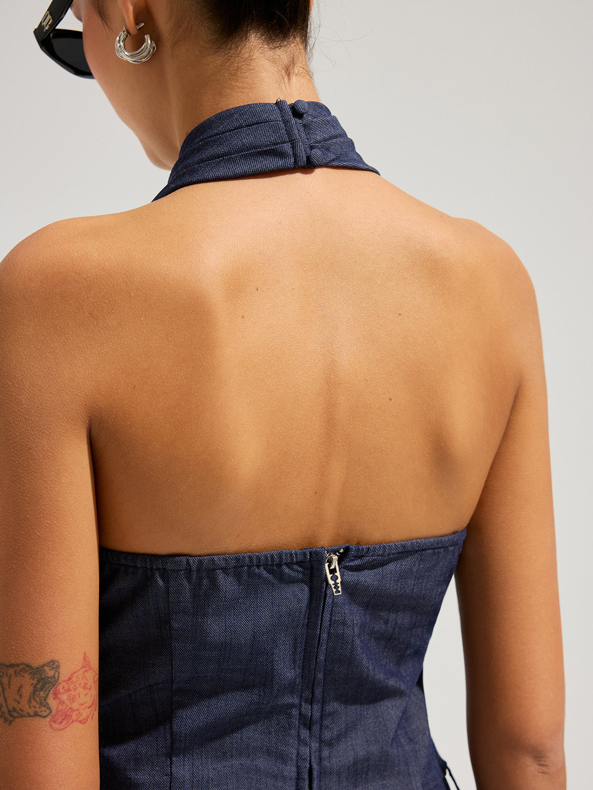 Denim Halter Neck Crop Top & Pants Set for Women's Casual Wear