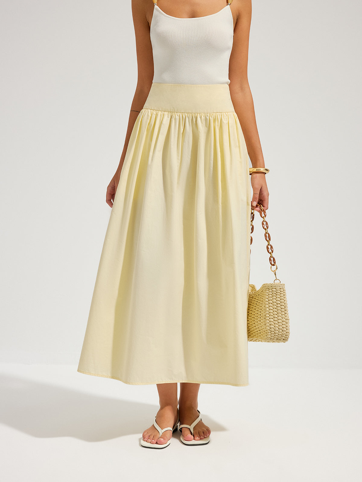 Cotton High Waist Gathered Midi Skirt for Women, Comfort Fit