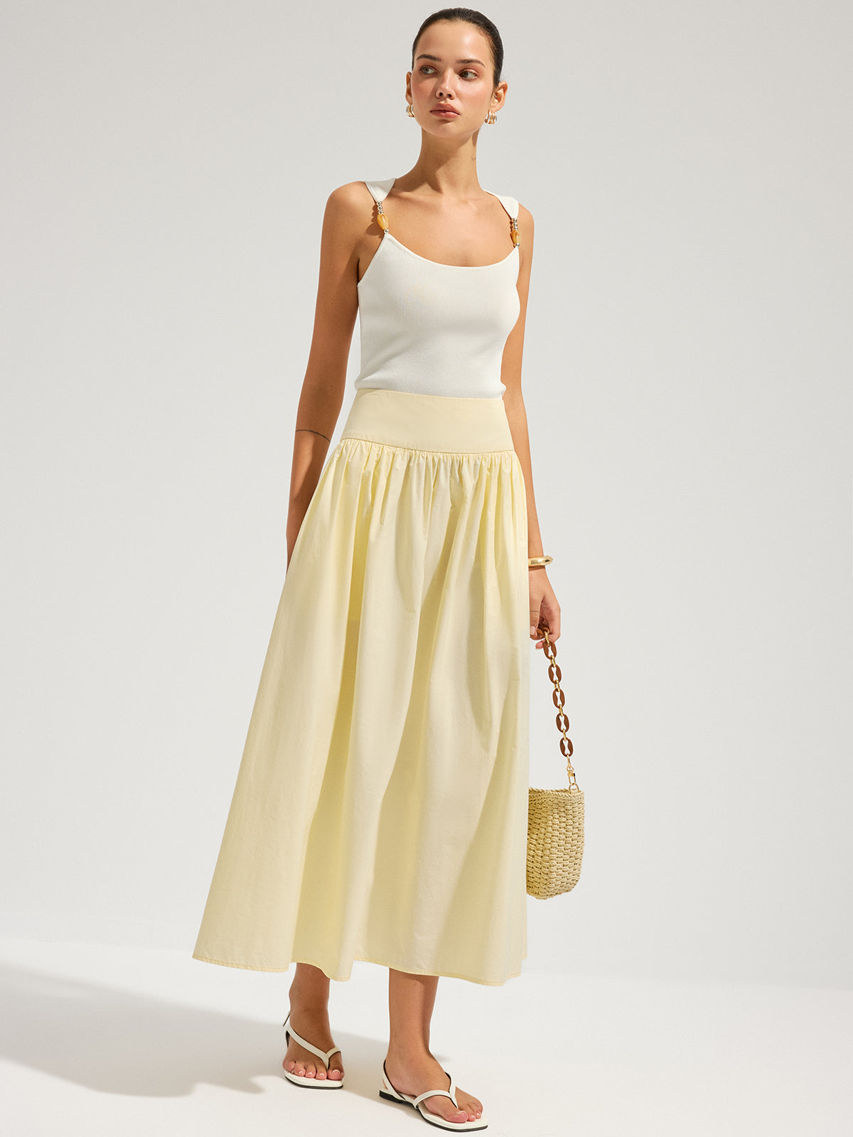 Cotton High Waist Gathered Midi Skirt for Women, Comfort Fit
