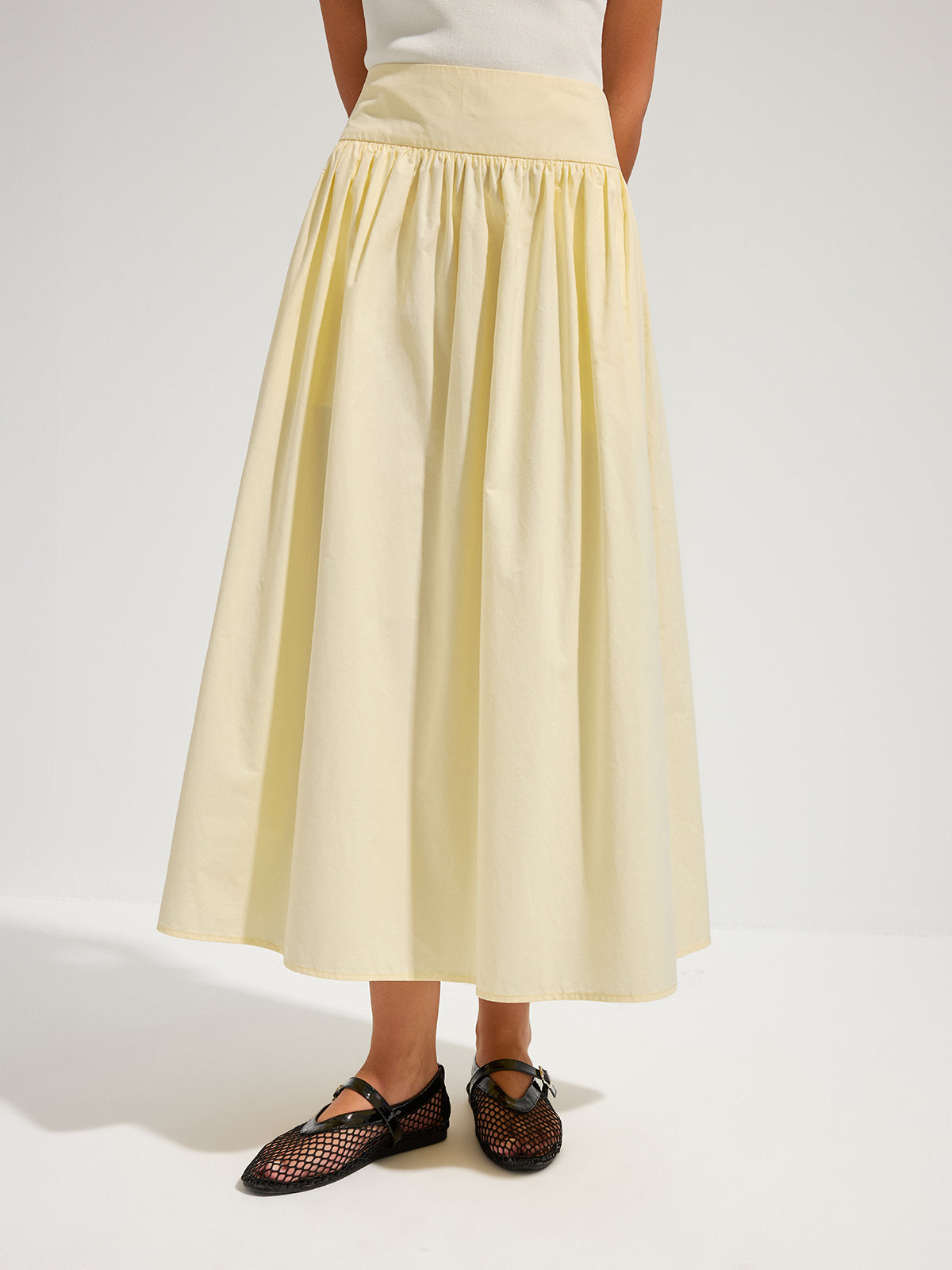 Cotton High Waist Gathered Midi Skirt for Women, Comfort Fit