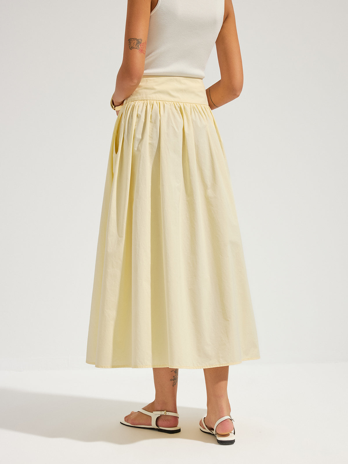Cotton High Waist Gathered Midi Skirt for Women, Comfort Fit
