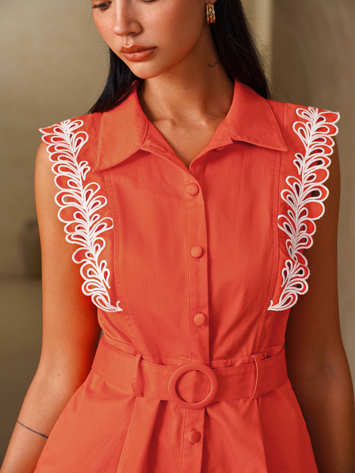 Embroidered Trim Belted Sleeveless Romper Casual Summer Outfit Women
