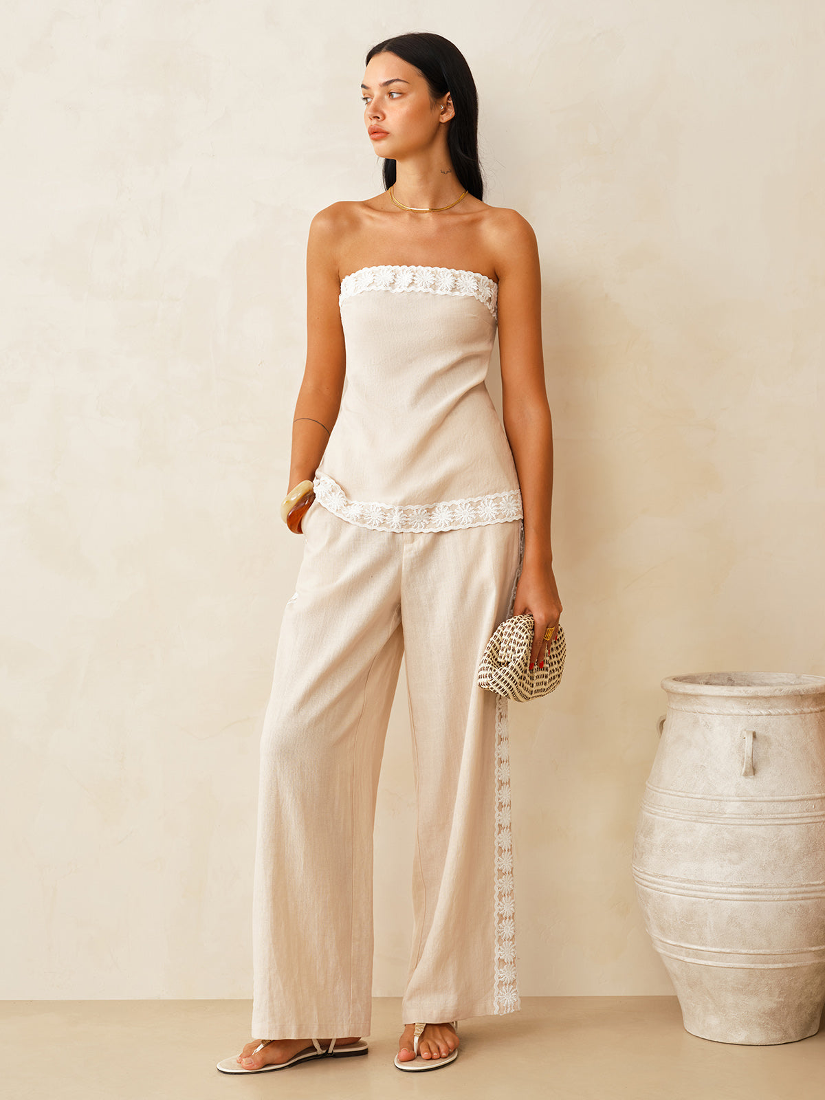 Linen Blend Lace Trim Top & Pants Set for Women Spring/Summer Fashion