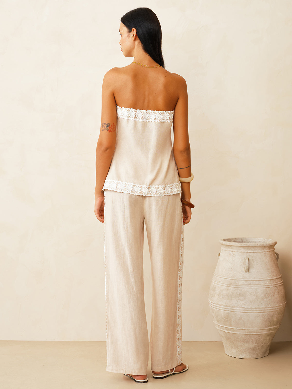 Linen Blend Lace Trim Top & Pants Set for Women Spring/Summer Fashion