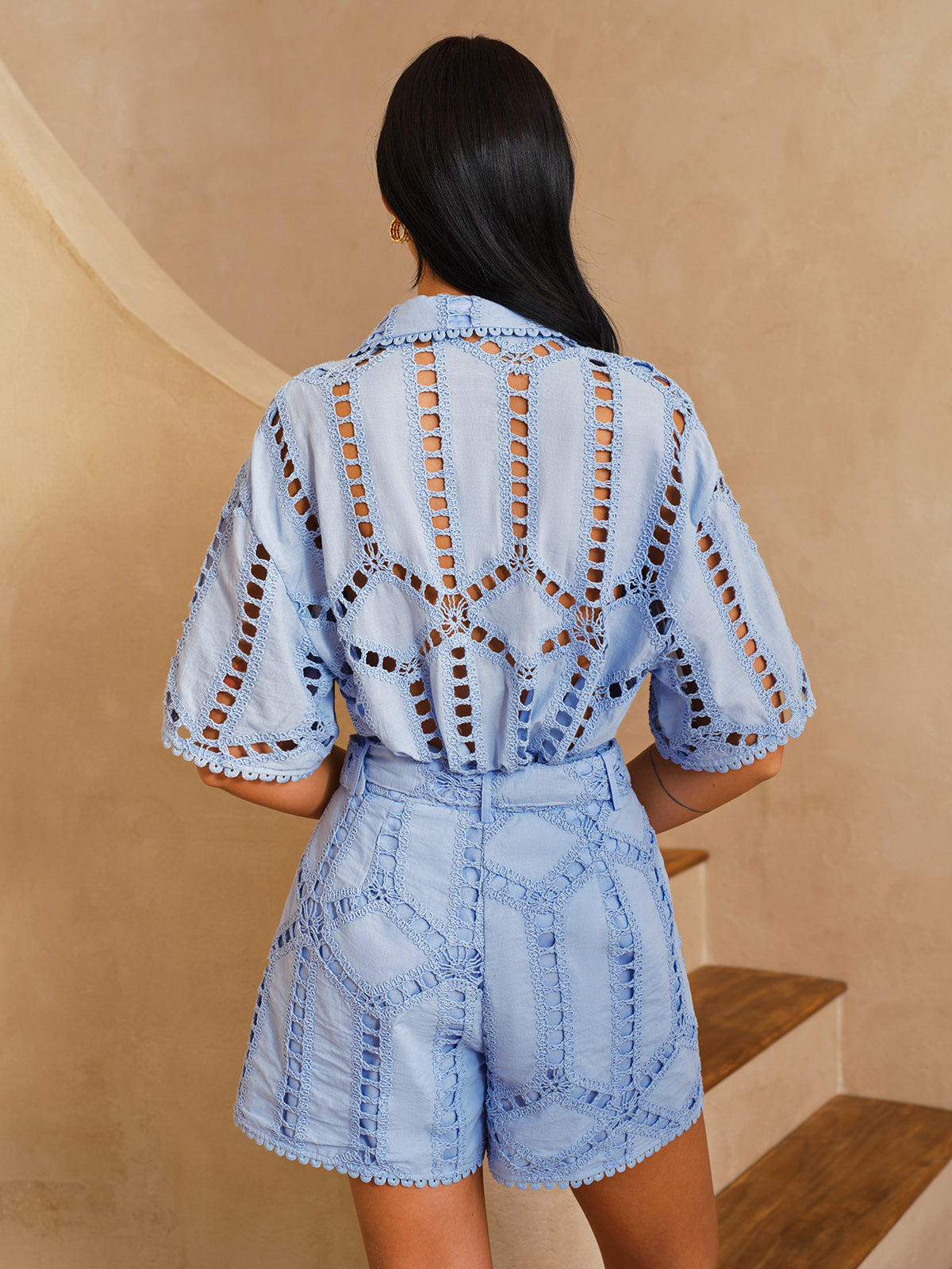 Short Sleeve Eyelet Embroidery Cutout Shirt for Women Casual Summer Wear