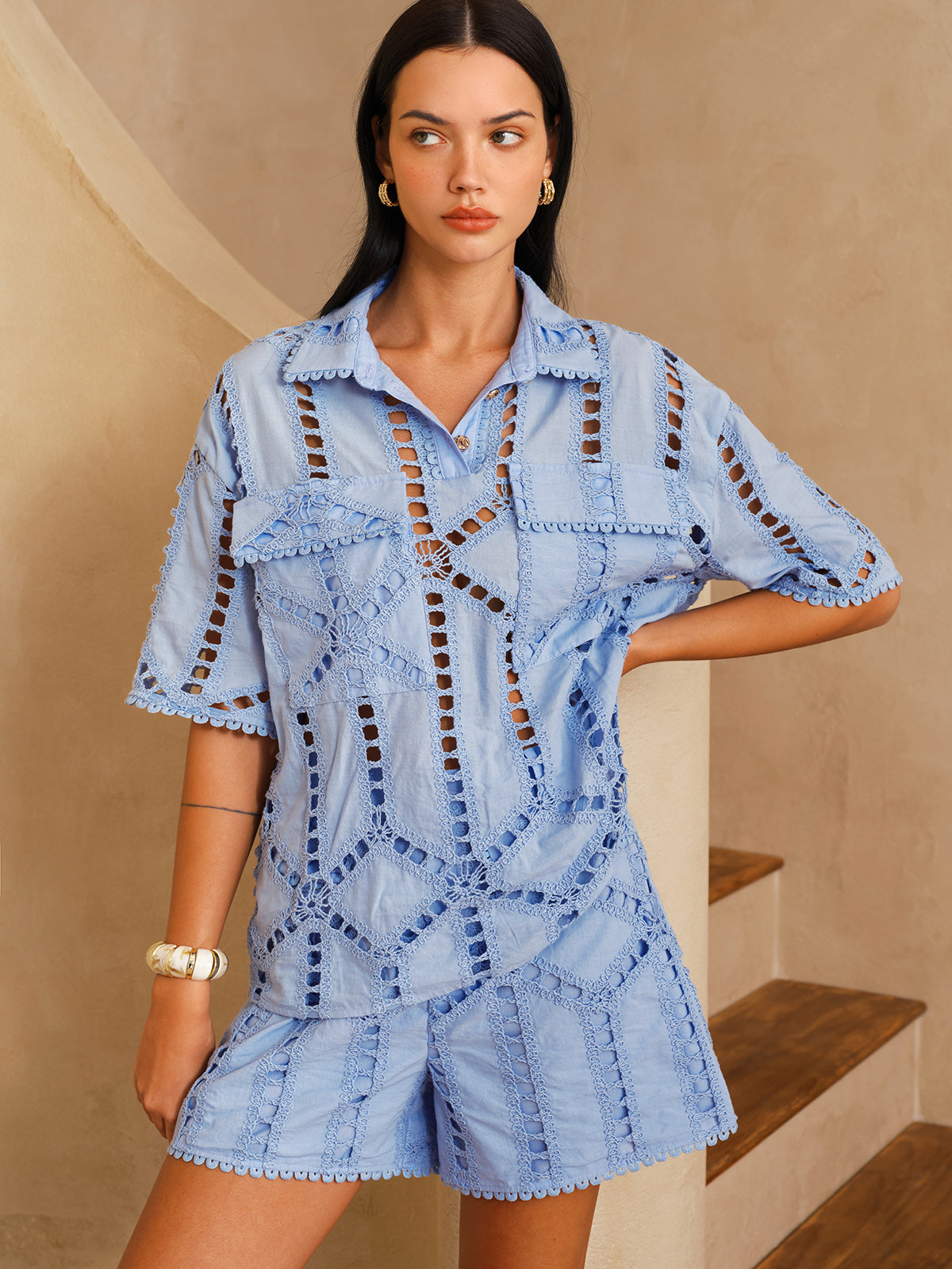 Short Sleeve Eyelet Embroidery Cutout Shirt for Women Casual Summer Wear
