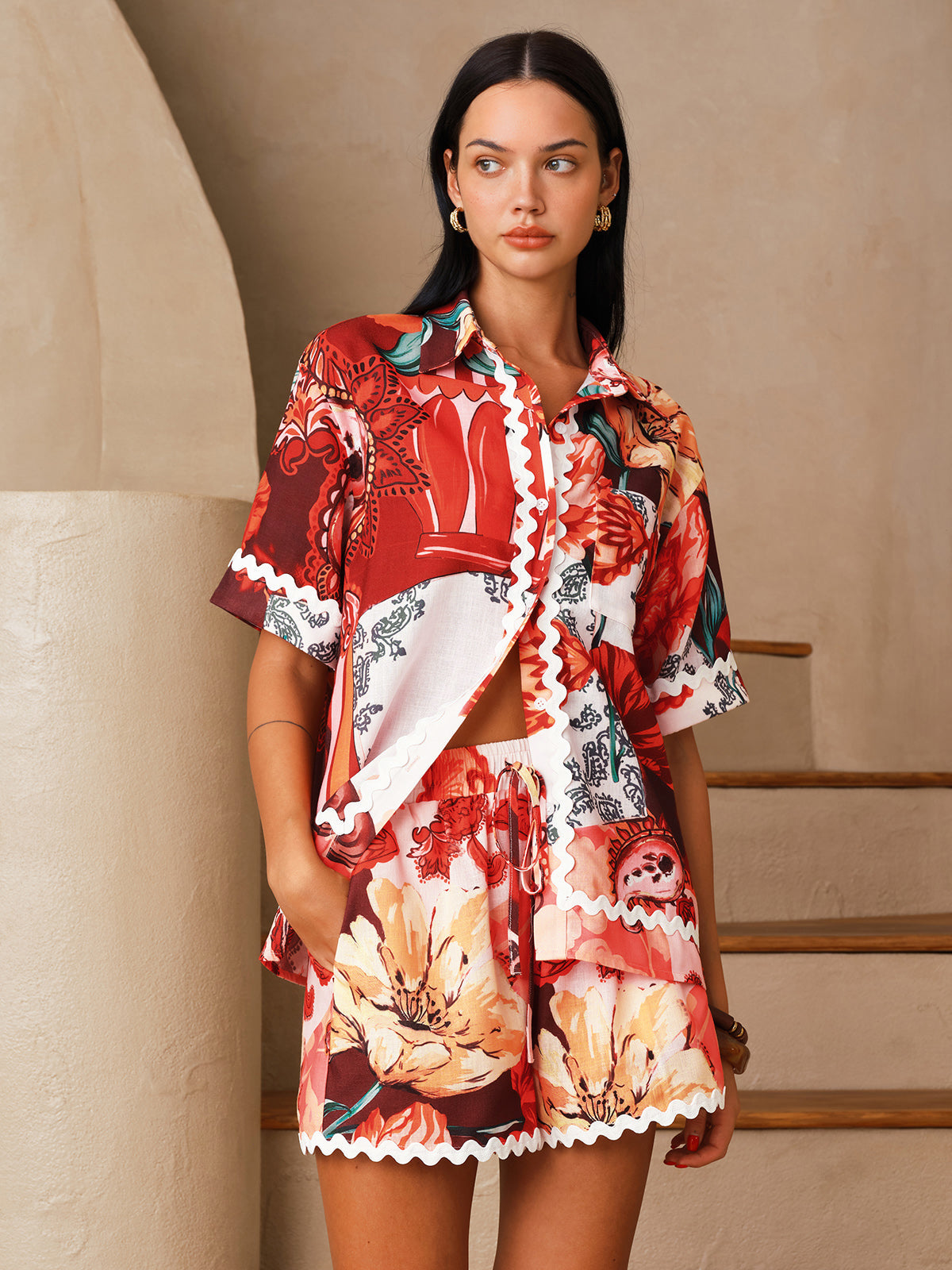 Floral Print Shirt & Drawstring Shorts Set for Spring and Summer Outfits