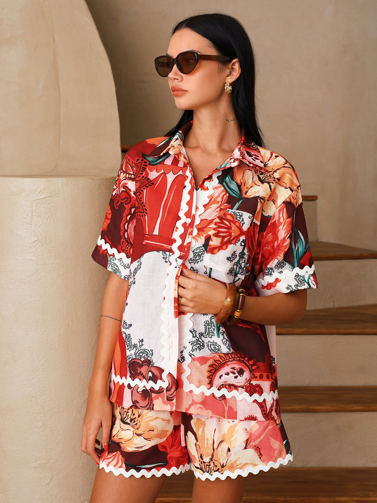 Floral Print Shirt & Drawstring Shorts Set for Spring and Summer Outfits