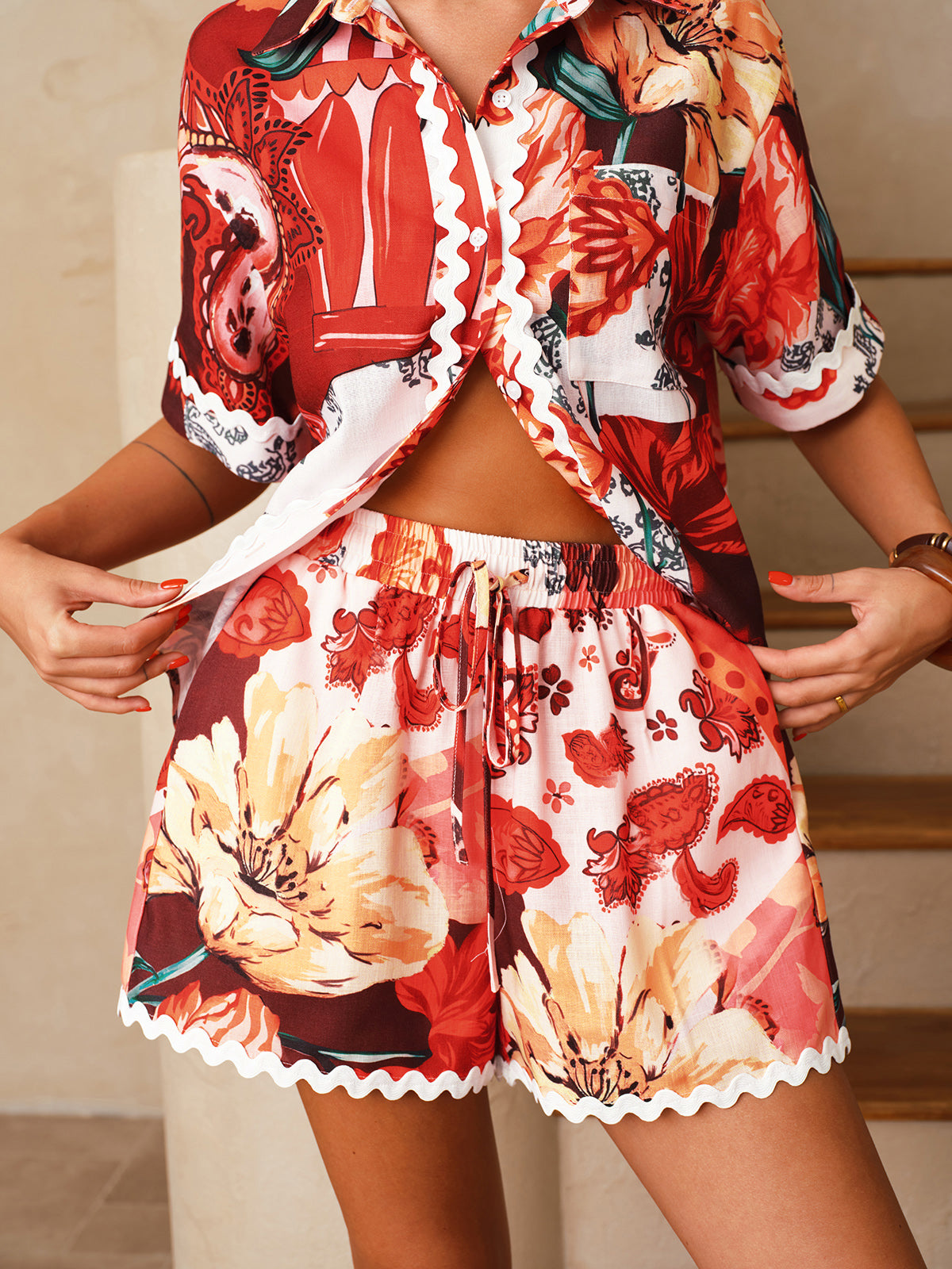 Floral Print Shirt & Drawstring Shorts Set for Spring and Summer Outfits