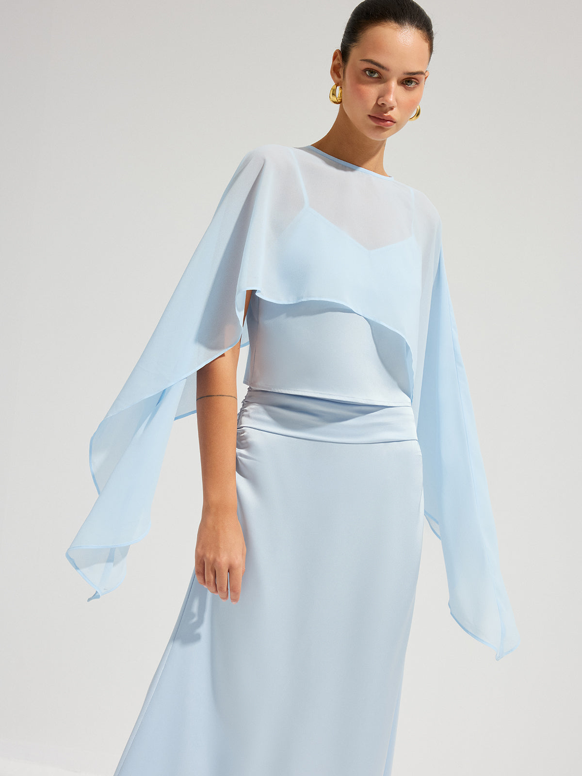 Sheer Cape Top & Satin Maxi Skirt Set for Elegant Evening Wear