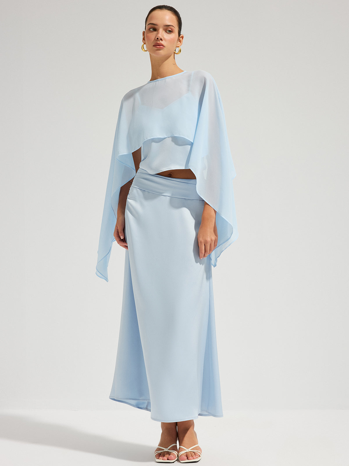 Sheer Cape Top & Satin Maxi Skirt Set for Elegant Evening Wear