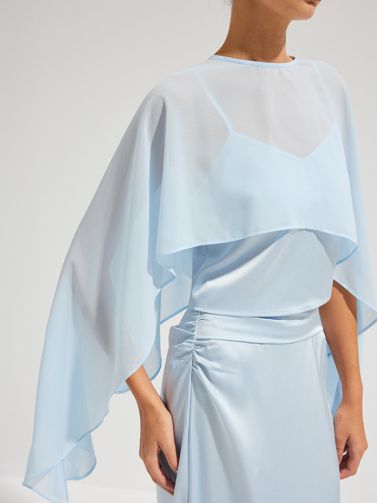 Sheer Cape Top & Satin Maxi Skirt Set for Elegant Evening Wear