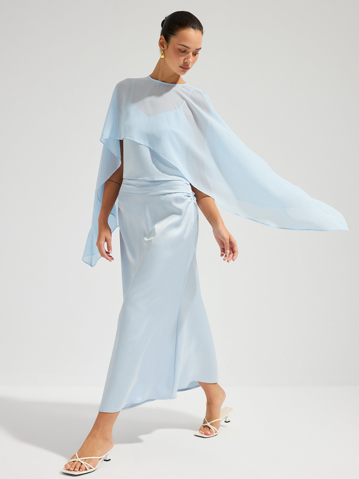 Sheer Cape Top & Satin Maxi Skirt Set for Elegant Evening Wear