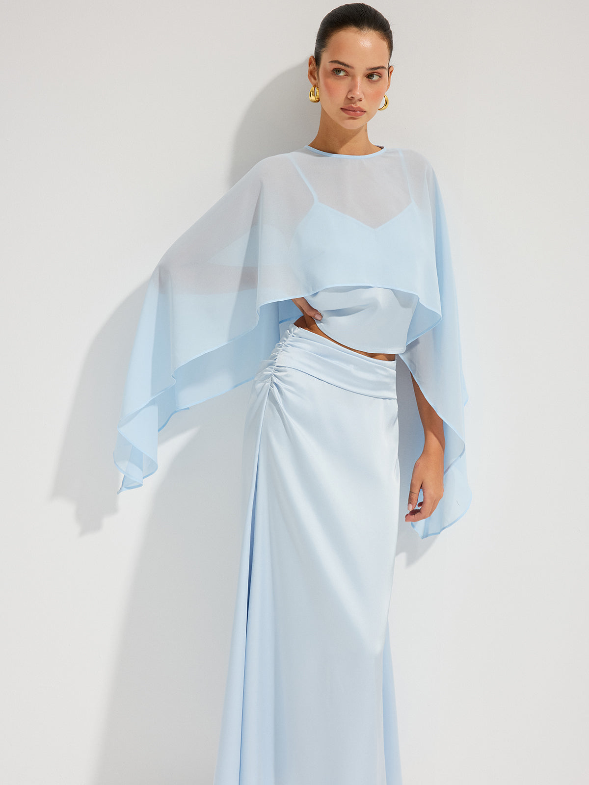 Sheer Cape Top & Satin Maxi Skirt Set for Elegant Evening Wear