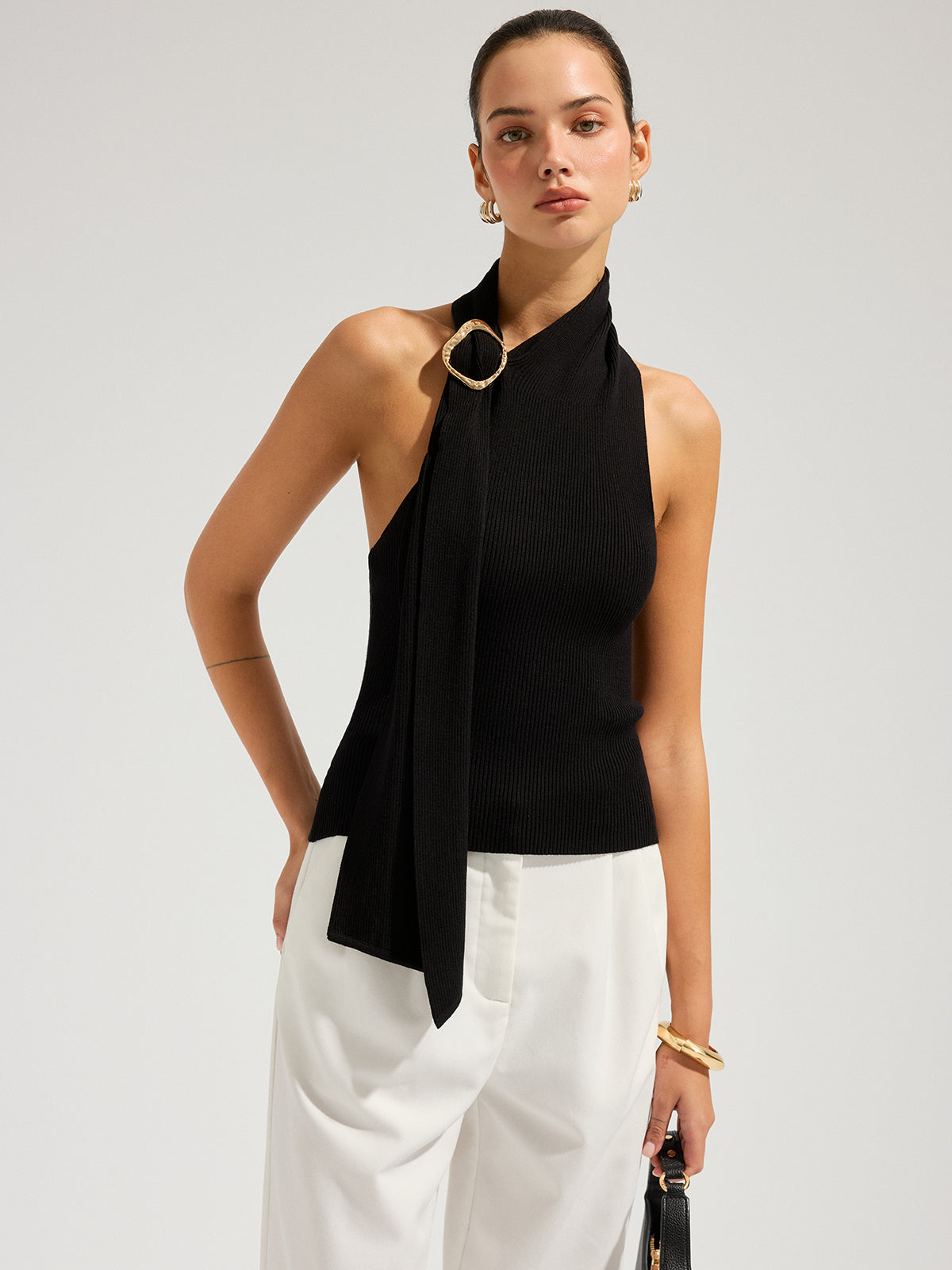 Halter Neck Metal Buckle Knit Top - Trendy Women's Casual Wear