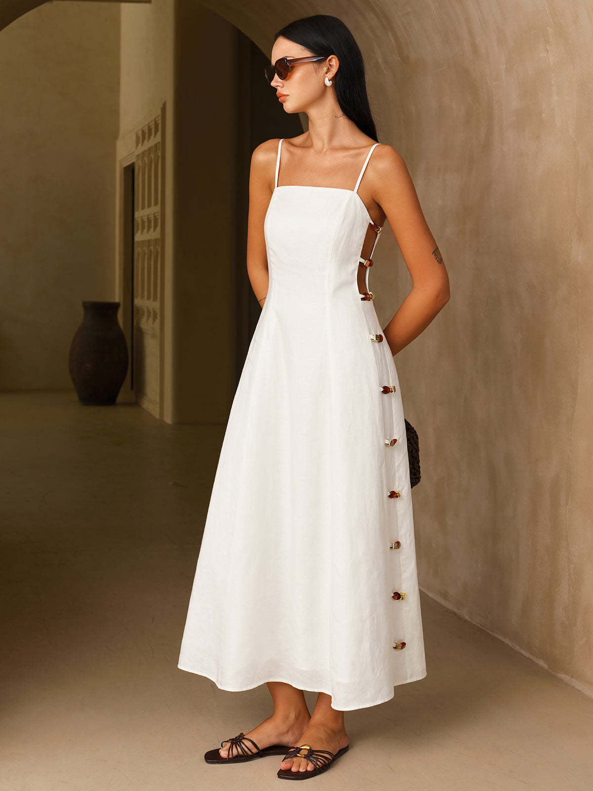 Linen-Blend Amber Detail Cami Midi Dress with Adjustable Straps